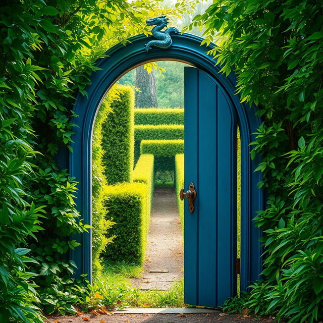 A stunning blue wooden door with a dragon-shaped handle, slightly ajar, situated in the heart of a vibrant green forest