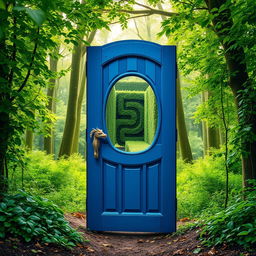 A stunning blue wooden door with a dragon-shaped handle, slightly ajar, situated in the heart of a vibrant green forest