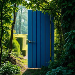 A stunning blue wooden door with a dragon-shaped handle, slightly ajar, situated in the heart of a vibrant green forest
