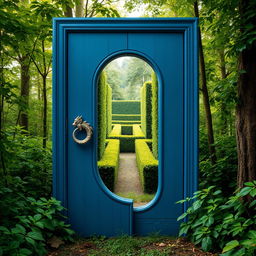 A stunning blue wooden door with a dragon-shaped handle, slightly ajar, situated in the heart of a vibrant green forest