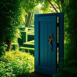 A captivating blue wooden door with a dragon-shaped handle, slightly ajar, located in a dense, vibrant green forest