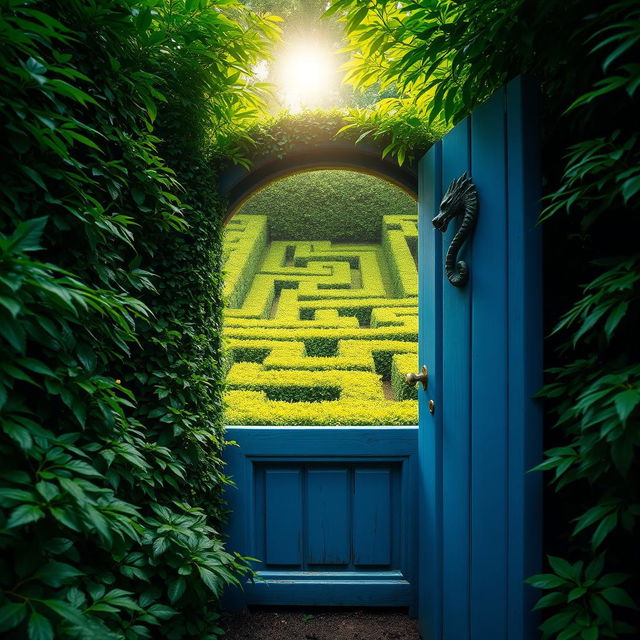 A captivating blue wooden door with a dragon-shaped handle, slightly ajar, located in a dense, vibrant green forest