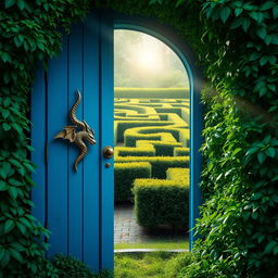 A captivating blue wooden door with a dragon-shaped handle, slightly ajar, located in a dense, vibrant green forest