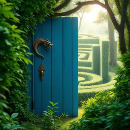 A captivating blue wooden door with a dragon-shaped handle, slightly ajar, located in a dense, vibrant green forest