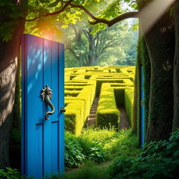 A vivid blue wooden door with a dragon-shaped handle, slightly ajar, nestled in the middle of a lush, green forest