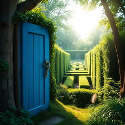 A vivid blue wooden door with a dragon-shaped handle, slightly ajar, nestled in the middle of a lush, green forest