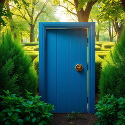 A vivid blue wooden door with a dragon-shaped handle, slightly ajar, nestled in the middle of a lush, green forest