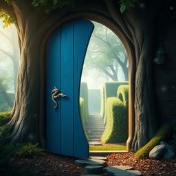 A magical blue wooden door with a dragon-shaped handle, slightly ajar, set in the midst of an enchanting forest