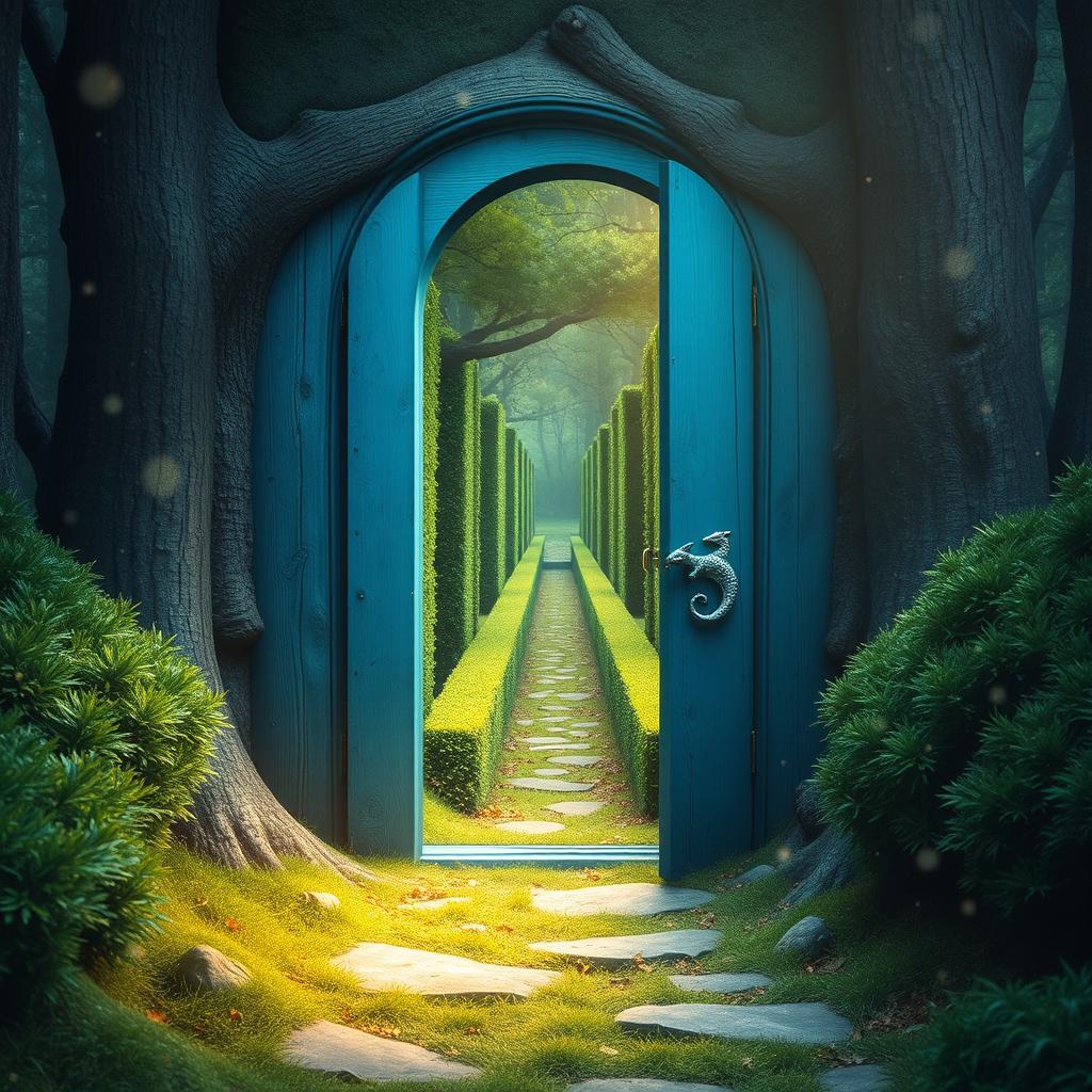 A magical blue wooden door with a dragon-shaped handle, slightly ajar, set in the midst of an enchanting forest