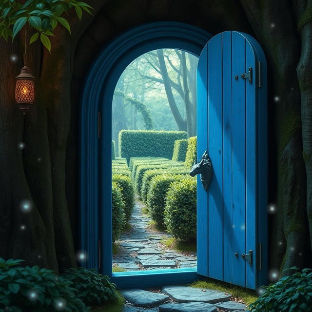 A magical blue wooden door with a dragon-shaped handle, slightly ajar, set in the midst of an enchanting forest