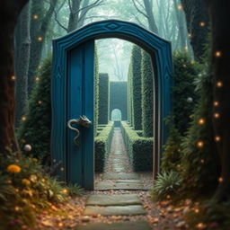 A magical blue wooden door with a dragon-shaped handle, slightly ajar, set in the midst of an enchanting forest
