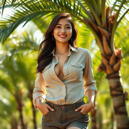 A stunning Indo-Korean woman with voluptuous breasts, depicted as a sexy palm oil plantation manager, confidently standing amidst lush palm trees