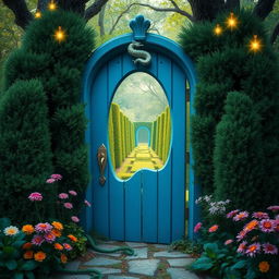 A whimsical blue wooden door with a dragon-shaped handle, slightly ajar, standing in the heart of a mystical forest