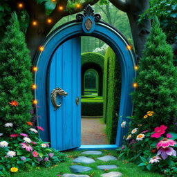 A whimsical blue wooden door with a dragon-shaped handle, slightly ajar, standing in the heart of a mystical forest