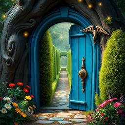 A whimsical blue wooden door with a dragon-shaped handle, slightly ajar, standing in the heart of a mystical forest