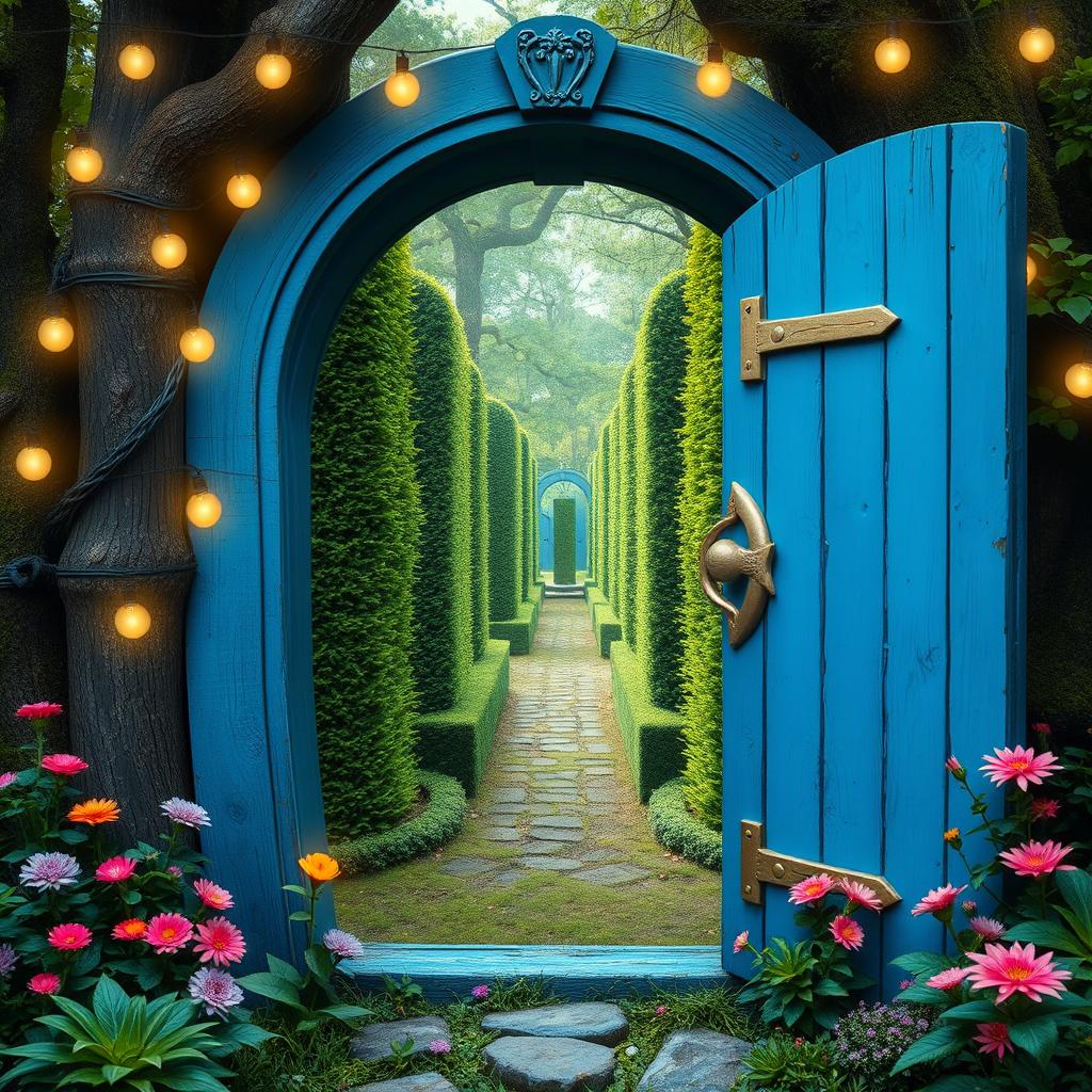 A whimsical blue wooden door with a dragon-shaped handle, slightly ajar, standing in the heart of a mystical forest