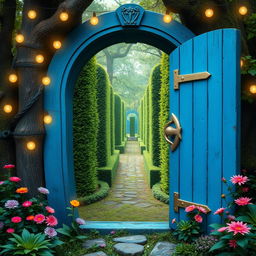 A whimsical blue wooden door with a dragon-shaped handle, slightly ajar, standing in the heart of a mystical forest