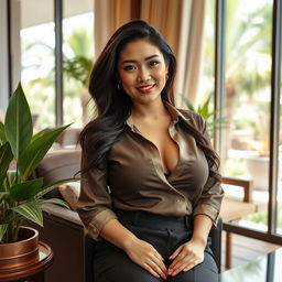 A gorgeous Indo-Korean woman with voluptuous breasts, portrayed as a wealthy and sexy palm oil plantation manager, relaxing in her luxurious office