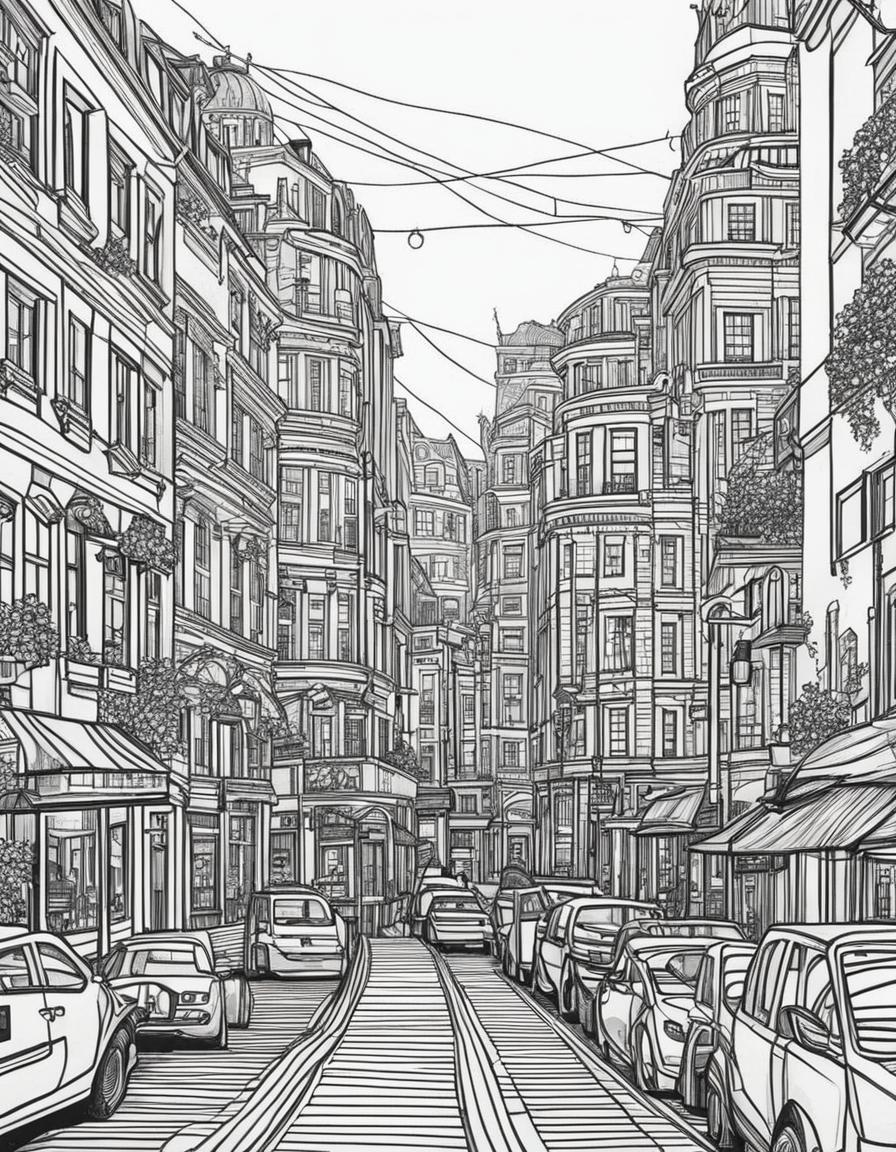 Black and white line drawing of a bustling cityscape in an adult colouring book style.