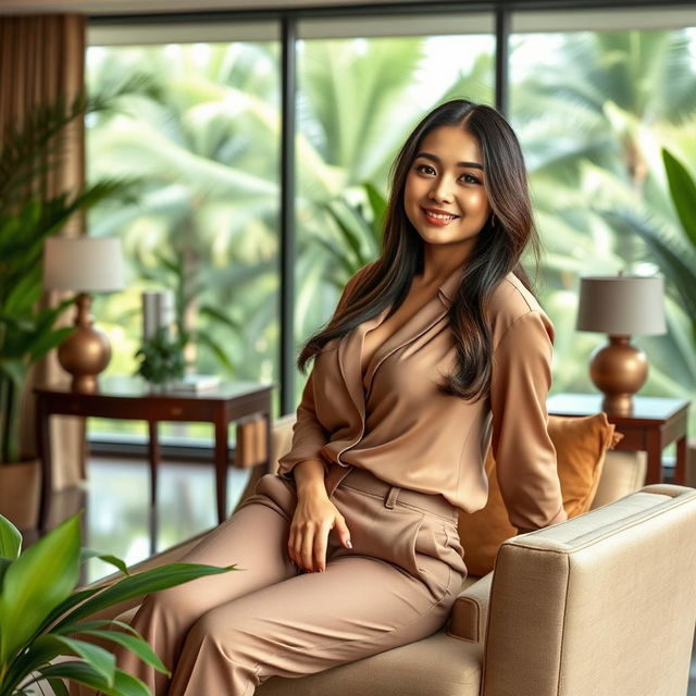 A gorgeous Indo-Korean woman with voluptuous breasts, portrayed as a wealthy and sexy palm oil plantation manager, relaxing in her luxurious office