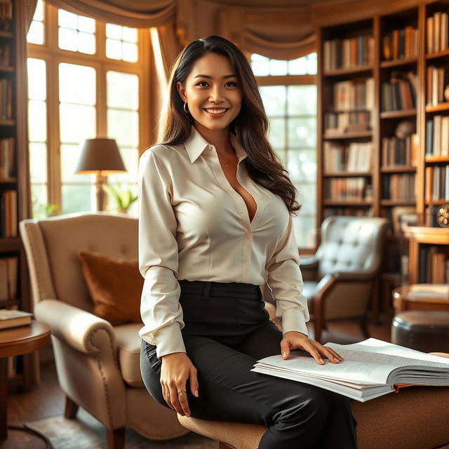 A stunning Indo-Korean woman with voluptuous breasts, depicted as a wealthy and sexy writer, lounging comfortably in her luxurious home office