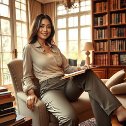 A stunning Indo-Korean woman with voluptuous breasts, depicted as a wealthy and sexy writer, lounging comfortably in her luxurious home office