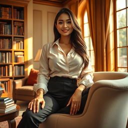 A stunning Indo-Korean woman with voluptuous breasts, depicted as a wealthy and sexy writer, lounging comfortably in her luxurious home office