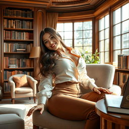 A stunning Indo-Korean woman with voluptuous breasts, depicted as a wealthy and sexy writer, lounging comfortably in her luxurious home office