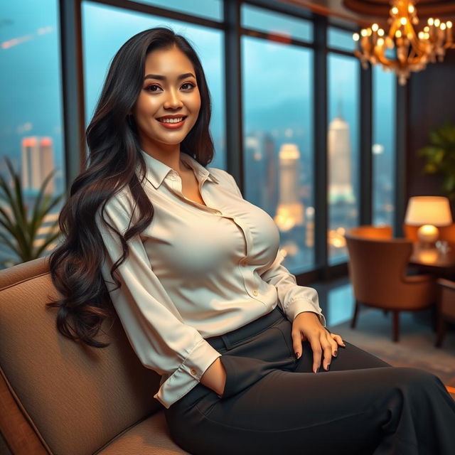 A beautiful Indo-Korean woman with voluptuous breasts, depicted as a wealthy and sexy member of a high-profile organization, relaxing in an elegant setting