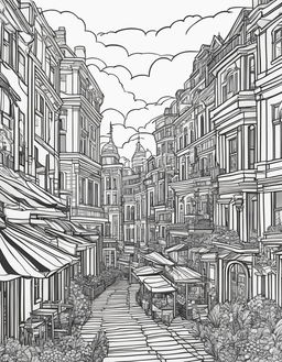 Black and white line drawing of a bustling cityscape in an adult colouring book style.