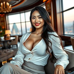 A beautiful Indo-Korean woman with voluptuous breasts, depicted as a wealthy and sexy member of a high-profile organization, relaxing in an elegant setting