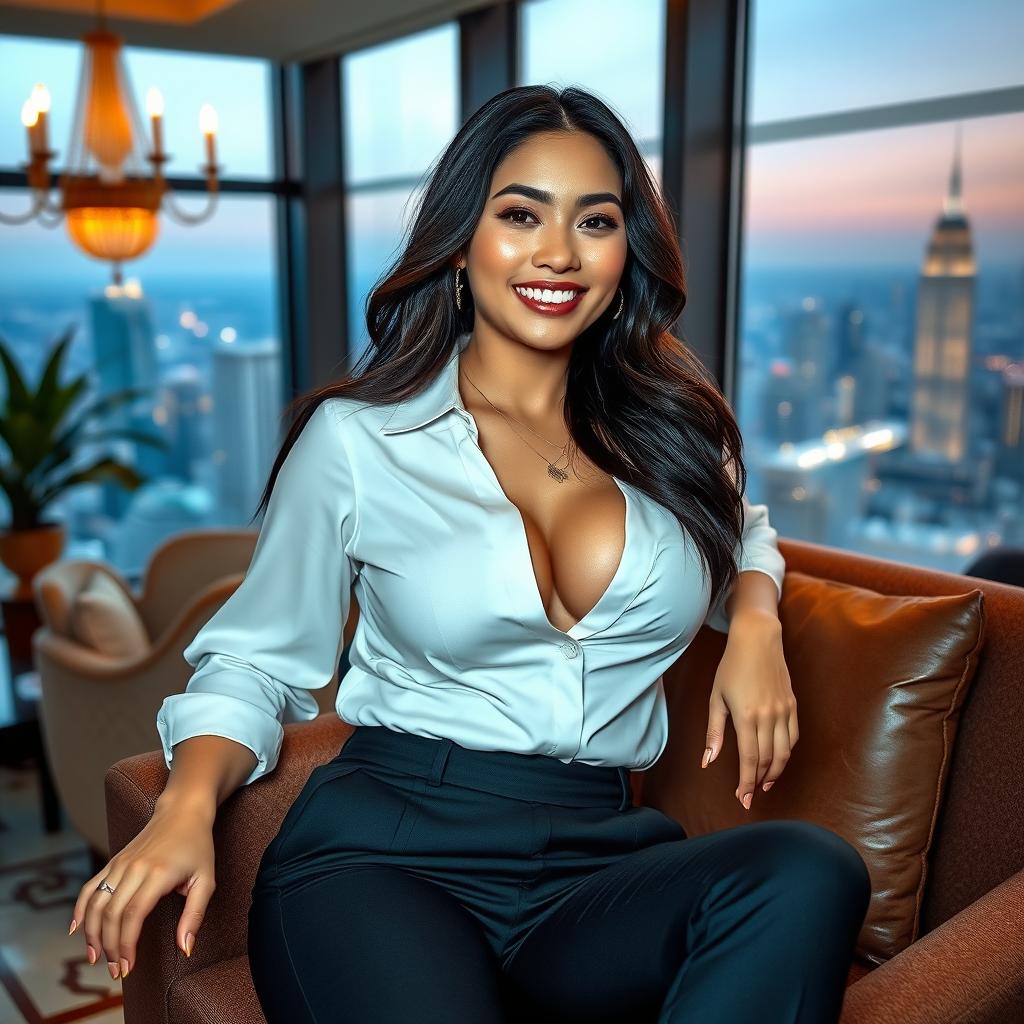 A beautiful Indo-Korean woman with voluptuous breasts, depicted as a wealthy and sexy member of a high-profile organization, relaxing in an elegant setting