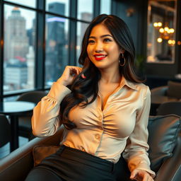 A beautiful Indo-Korean woman with voluptuous breasts, depicted as a wealthy and sexy member of the election committee, relaxing in a stylish urban setting