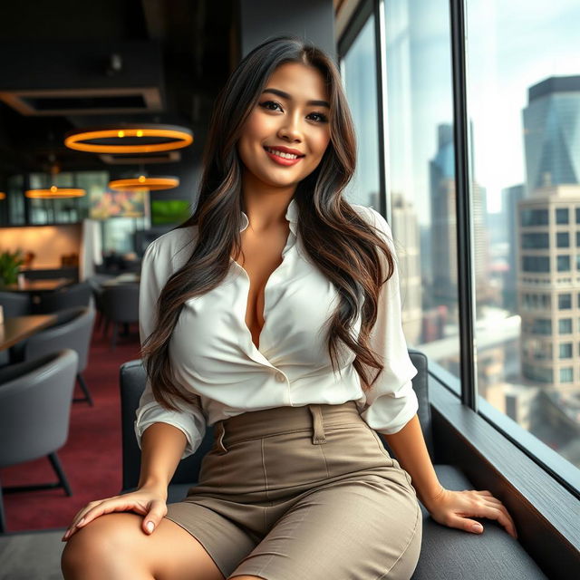 A beautiful Indo-Korean woman with voluptuous breasts, depicted as a wealthy and sexy member of the election committee, relaxing in a stylish urban setting