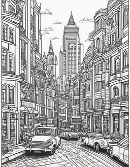 Black and white line drawing of a bustling cityscape in an adult colouring book style.