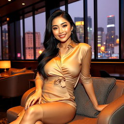 A beautiful Indo-Korean woman with voluptuous breasts, depicted as a wealthy and sexy member of the election committee, relaxing in a stylish urban setting