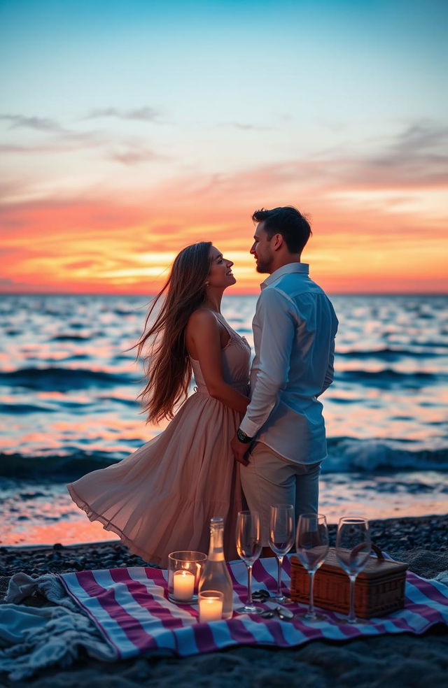 In front of a serene sea at sunset, two lovers stand close to each other, gazing deeply into each other's eyes