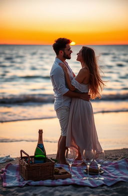 In front of a serene sea at sunset, two lovers stand close to each other, gazing deeply into each other's eyes