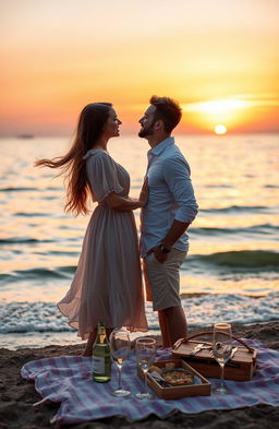 In front of a serene sea at sunset, two lovers stand close to each other, gazing deeply into each other's eyes