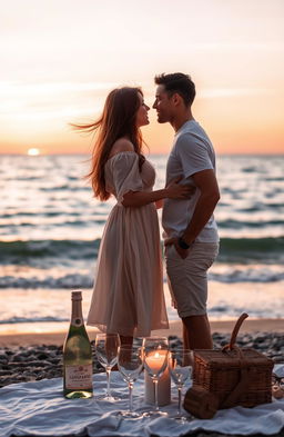 In front of a serene sea at sunset, two lovers stand close to each other, gazing deeply into each other's eyes