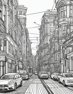 Black and white line drawing of a bustling cityscape in an adult colouring book style.