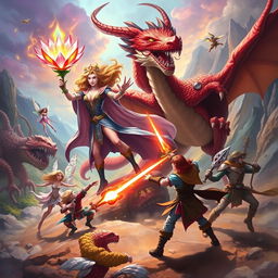A dynamic battle scene featuring a powerful sorceress wielding the magic of a crystal flower, joined by a fierce dragon, a delicate fairy, and five brave adventurers