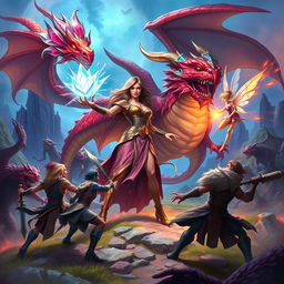 A dynamic battle scene featuring a powerful sorceress wielding the magic of a crystal flower, joined by a fierce dragon, a delicate fairy, and five brave adventurers