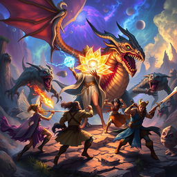 A dynamic battle scene featuring a powerful sorceress wielding the magic of a crystal flower, joined by a fierce dragon, a delicate fairy, and five brave adventurers