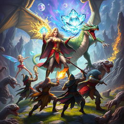 A dynamic battle scene featuring a powerful sorceress wielding the magic of a crystal flower, joined by a fierce dragon, a delicate fairy, and five brave adventurers