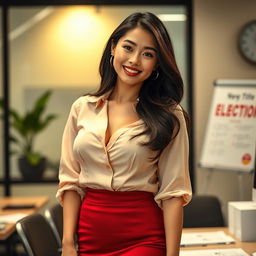 A beautiful Indo-Korean woman with voluptuous breasts, portrayed as a sexy member of the election voting committee, exuding charm and confidence