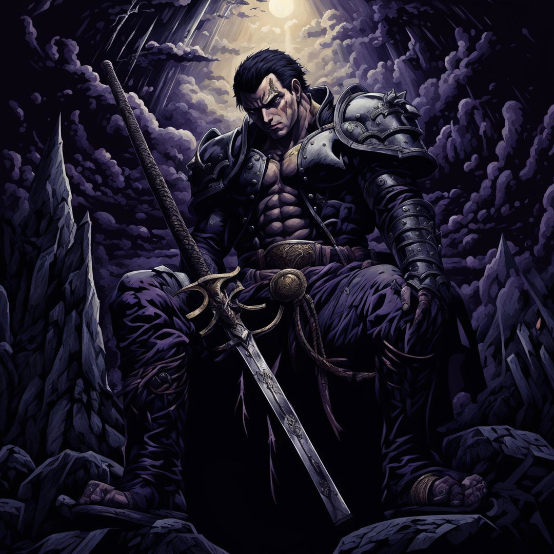 Digital art of a weary yet resolute Guts from Berserk in his Black Swordsman armor loosely holding the Dragon Slayer in a dark fantasy landscape filled with jagged rocks, twisted roots, towering spires and crumbling ruins under a stormy sky