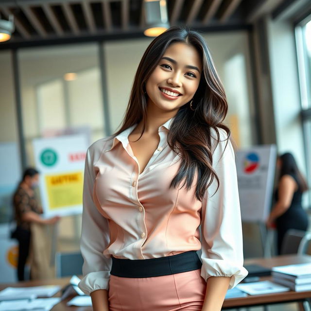 A beautiful Indo-Korean woman with voluptuous breasts, portrayed as a sexy member of the election voting committee, exuding charm and confidence