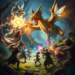An intense battle scene with a powerful sorceress casting spells using the energy of a glowing crystal flower, accompanied by a magnificent dragon fiercely breathing fire