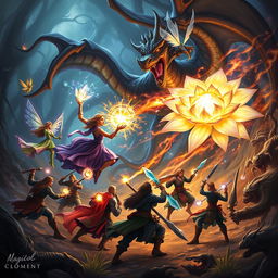 An intense battle scene with a powerful sorceress casting spells using the energy of a glowing crystal flower, accompanied by a magnificent dragon fiercely breathing fire